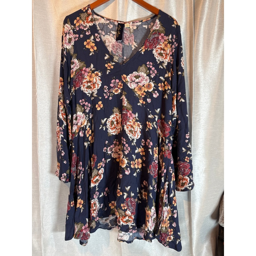 Blue Rain Women's Navy Floral Print V Neck Long Sleeve Tunic Dress Size L